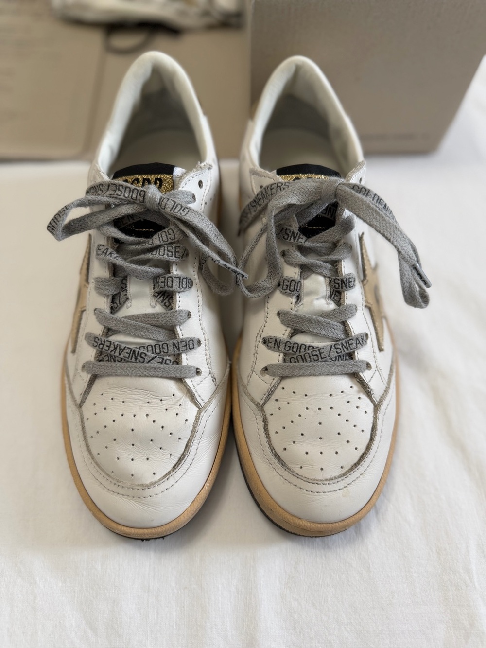 Golden Goose Ball Star White Leather Sneakers with Gray Laces and Tan Sole